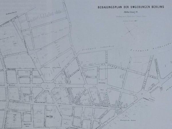 Dieser Bebauungs-Plan von 1887 aus Charlottenburg nennt mehrere bayerische Straßennamen. An der heutigen Geisbergstraße beginnt die "Feldmark Schöneberg". 