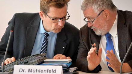 Noch viel Arbeit vor sich: Flughafenchef Karsten Mühlenfeld und der Aufsichtsratsvorsitzende, Brandenburgs Staatssekretär Rainer Bretschneider.
