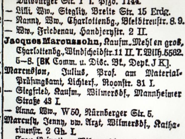 "Marcusson, Siegfried" - der Eintrag im "Berliner Adreßbuch 1919" verweist auf den letzten Zufluchtsort von Liebknecht und Luxemburg.