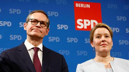 Michael Mueller, Mayor of Berlin, Family Minister Franziska Giffey and SPD Member Raed Saleh address the media during a news conference in Berlin, Germany January 29, 2020. REUTERS/Michele Tantussi
