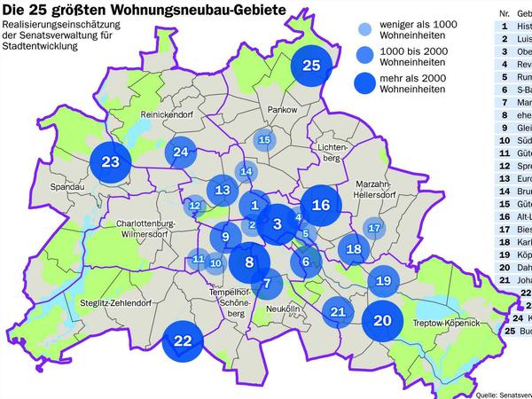 Ein Grafik zeigt, wo genau in Berlin die neuen Wohnungen entstehen sollen. 