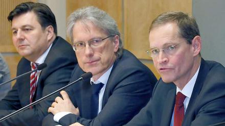 Der designierte Regierende Bürgermeister Michael Müller mit seinen neuen Senatoren Matthias Kollatz-Ahnen und Andreas Geisel (von rechts nach links).