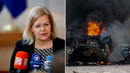 Bundesinnenministerin Nancy Faeser (links) und ein Kriegsschauplatz im ukrainischen Charkiw (rechts).