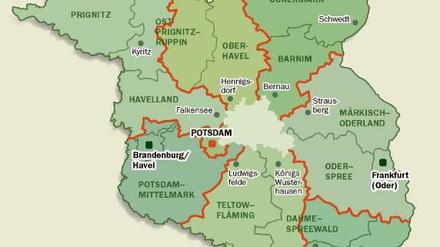 So könnte Brandenburg in Zukunft aussehen, wenn es nach Ihno Gebhardt ginge: Außer dem Kreis um Cottbus grenzen alle neuen Landkreise an Berlin.