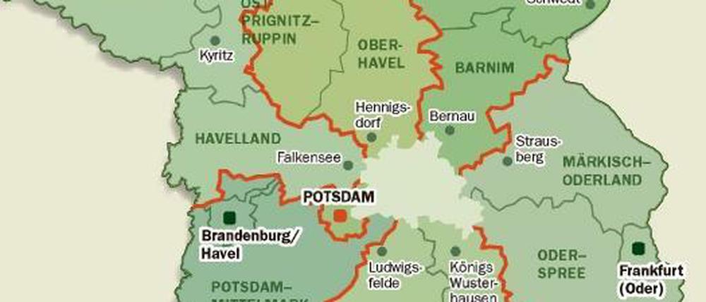 So könnte Brandenburg in Zukunft aussehen, wenn es nach Ihno Gebhardt ginge: Außer dem Kreis um Cottbus grenzen alle neuen Landkreise an Berlin.