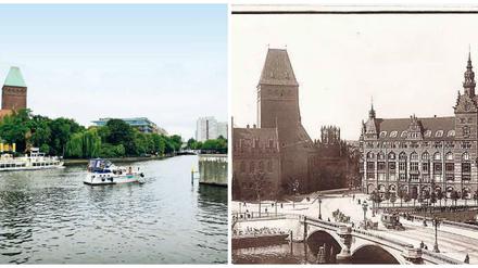 Links der Zustand 2016, rechts die Brücke vor 100 Jahren.