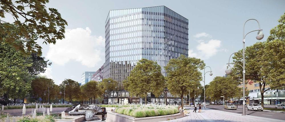 So stellt sich das Architektenbüro Grüntuch Ernst das 15-stöckige Bürohaus vor. Im Vordergrund sieht man den Olof-Palme-Platz. 