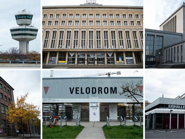 In Berlin gibt es sechs Impfzentren: (oben v.l.) Flughafen Tegel, Flughafen Tempelhof, Messe; (unten v.l.) Arena Treptow, Velodrom, Erika-Hess-Eisstadion.