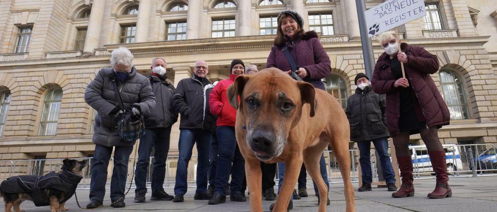 Hundehalter demonstrierten im Februar gegen das seit 1. Januar 2022 geltende Hunderegister vor dem Abgeordnetenhaus. 