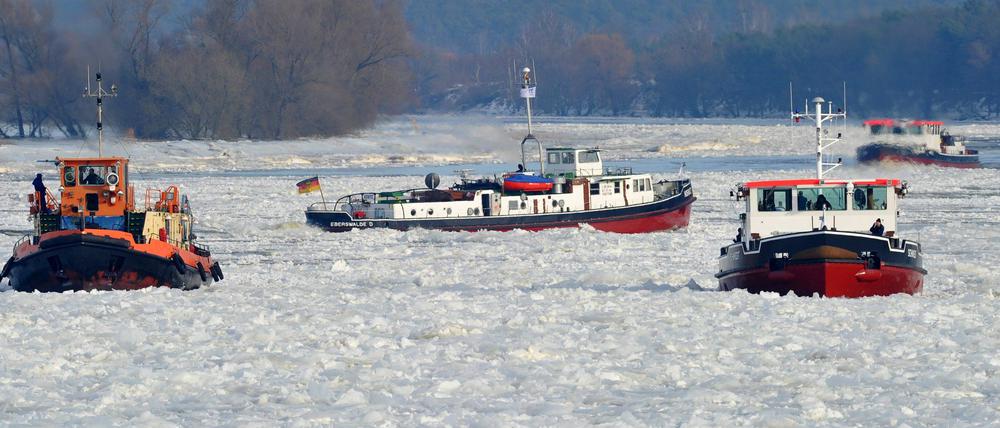 Deutsche und polnische Eisbrecher sind auf der Oder im Einsatz. Die Eisdecke der Oder muss aufgebrochen sein, bevor die Massen aus dem zunächst noch zugefrorenen polnischen Nebenfluss Warthe sie erreichen.