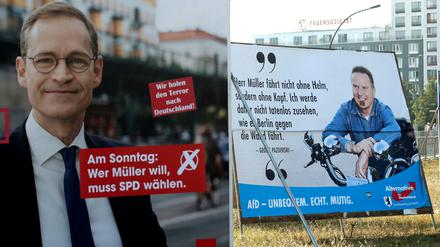 Ein SPD- und ein AfD-Plakat vor der Wahl. Die Aufschrift "Wir holen den Terror nach Deutschland!" stammt natürlich nicht von der SPD, sondern wurde nachträglich aufgeklebt. 