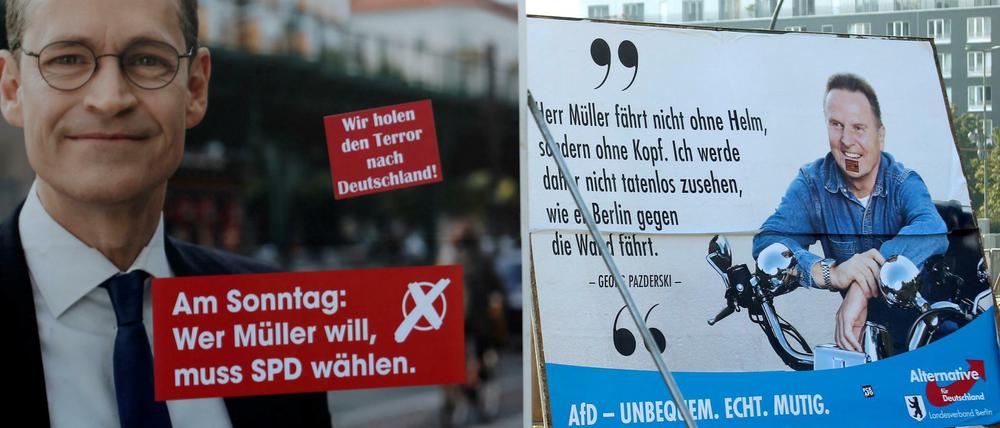 Ein SPD- und ein AfD-Plakat vor der Wahl. Die Aufschrift "Wir holen den Terror nach Deutschland!" stammt natürlich nicht von der SPD, sondern wurde nachträglich aufgeklebt. 