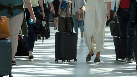 Reisende gehen mit ihrem Gepäck durch ein Terminal des Flughafen Tegel (Symbolbild).
