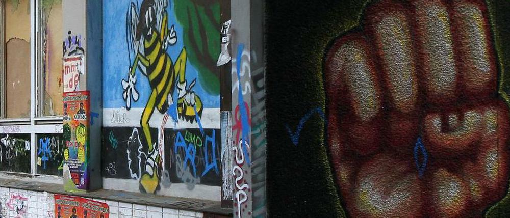 Graffiti beim "Social Center" der besetzten Gerhard-Hauptmann-Schule. (Aufnahme von 2014)