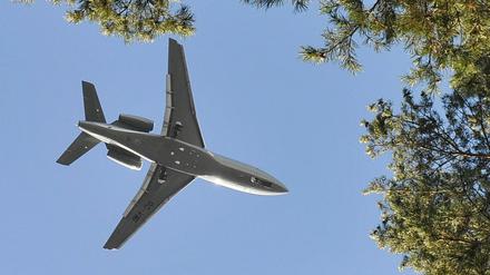 Flugzeug im Landeanflug über Baum.