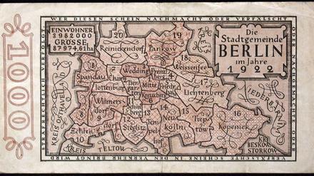Notgeld 1922. Millionenstadt. Darstellung von Groß-Berlin auf einem 1000-Mark-Schein von 1922. 
