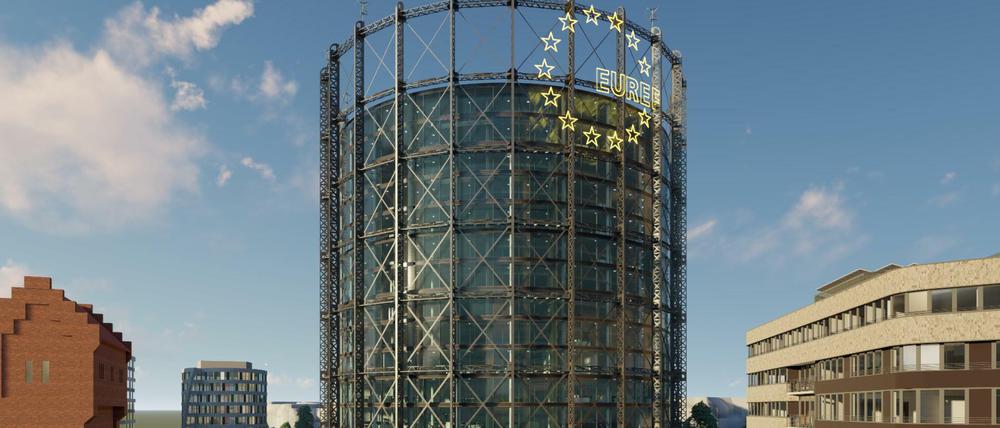 Das Modell des zugebauten Gasometers: Hier soll Platz für knapp 2000 Arbeitsplätze entstehen. Der Gasometer ist 78 Meter hoch. 