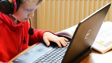 Ein Junge sitzt vor einem Laptop.