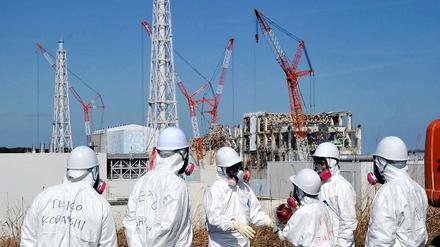 Geschützt. Eine Besuchergruppe sieht sich ein Kraftwerk in Fukushima an.