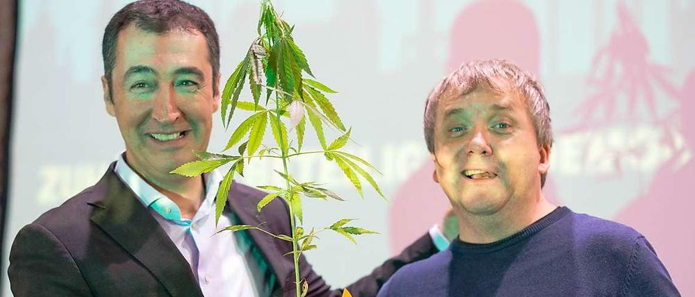 Hanf für den Parteichef. Auf dem Landesparteitag der Berliner Grünen bekam der Bundesvorsitzende Cem Özdemir eine Cannabispflanze geschenkt.