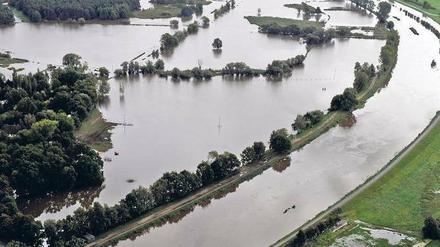 Gefährliche Seenlandschaft. Die Schwarze Elster hat weite Teile der Landschaft zwischen den Städten Elsterwerda und Bad Liebenwerda überflutet. Fotos: dapd, dpa (2)