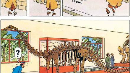Tierische Knochenjagd. Diese Szene aus „König Ottokars Zepter“ spielt im Berliner Naturkundemuseum: Der belgische Zeichner Hergé nahm ein Foto aus der Invalidenstraße als Vorlage. Das Lettering ist von Dirk Rehm.