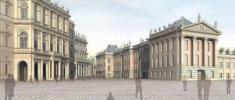 Blick in die Zukunft. Am Alten Markt in Potsdam soll auch das Palais Barberini wiedererstehen. Simulation: Ganter/Kuehn/ddp