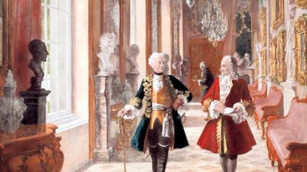 Besuch im Schloss. Friedrich empfängt Voltaire in Sanssouci zum Gedankenaustausch – so stellte sich der Künstler Georg Schöbel die Szene auf dem Lichtdruck von 1900 vor. Foto: akg-images