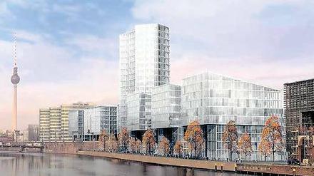 Eng ans Ufer gerückt. Ein 82 Meter hoher Turm darf auf dem Grundstück der BSR in Friedrichshain gebaut werden. Der Bezirk will das ändern, aber die landeseigene Firma verkauft das Areal mit bestehendem Baurecht.