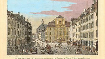 Im alten Stil. Der Cöllner Fischmarkt mit dem Cöllner Rathaus, auf einem Kupferstich von Jean Rosenberg (1785). Foto: bpk