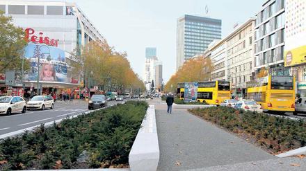 Der neugestaltete Mittelstreifen auf der Tauentzienstraße: Granit und Eibenhecken.