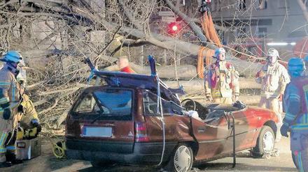 Der Baum drückte das Autodach komplett ein. Zwei Frauen mussten von der Feuerwehr befreit werden. Sie blieben nach Polizeiangaben unverletzt.