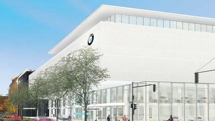 Weißer Riese. Dieses Modellbild zeigt den Eingang der neuen BMW-Niederlassung am Kaiserdamm, die im Frühjahr 2014 öffnen soll. 