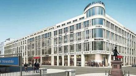 Statt Wertheim. 480 Arbeiter sind auf der Baustelle am Leipziger Platz aktiv. 800 Millionen Euro wird das „Leipziger Platz Quartier“ kosten. In 250 Läden sollen Berliner und Touristen shoppen können – auf mehr als 70 000 Quadratmetern.