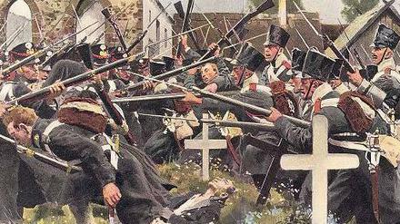 Häuserkampf. „Schlacht bei Großbeeren am 23. August 1813. (Das Kolberger Regiment erstürmt den Kirchhof.)“ – Farbdruck nach Carl Roechling, um 1900. 