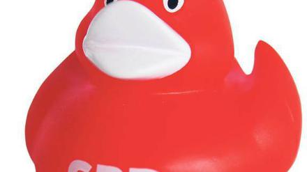 Rote Badeente mit SPD-Logo.