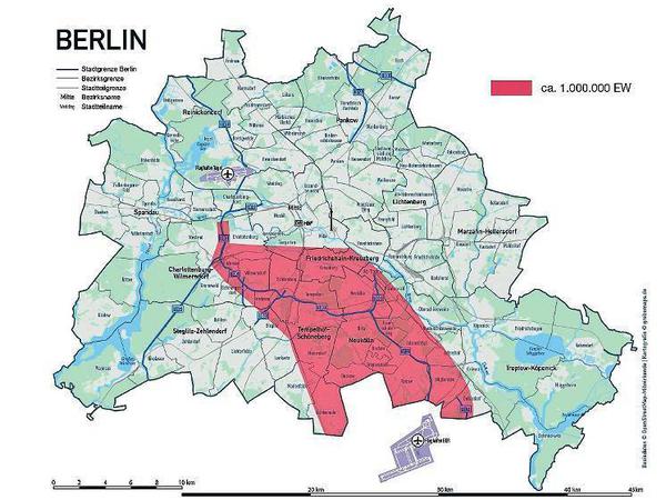 In den roten Gebieten dürfte nach der BER- Eröffnung der Verkehr besonders zunehmen.