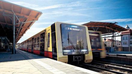 Die neue Berliner S-Bahn mit flacher Schnauze und markanter Farbe. 
