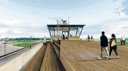 Hochsitz. Auf der Dachterrasse des Flughafengebäudes können Touristen die Weite des ehemaligen Flugfeldes genießen. Frühestens 2020 wird das möglich sein. Die Planer müssen Schadstoffe und fehlende Bauakten berücksichtigen.