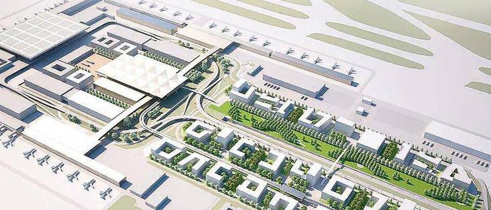Nach dem Masterplan wird der BER zu einem Rechteck (links). Rechts ist die Airport-City mit Büros und Hotels vorgesehen. 