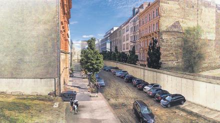 Tristesse und bunter Alltag. Autos parken vor der Mauer in der Zimmerstraße in Kreuzberg – eine der fiktiven Darstellungen von Fotograf Alexander Kupsch, die derzeit am Potsdamer Platz ausgestellt sind.