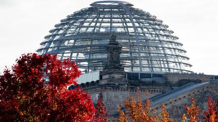 Mal kein politisches Farbenspiel. Rote Blätter hängen an den Bäumen vor der Kuppel des Reichstagsgebäudes.