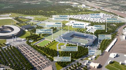 Stand Mai 2018: So soll das neue Stadion liegen, das Hertha BSC sich wünscht - ganz am Rand des Olympiaparks. Links das Olympiastadion, rechts unten der U-Bahnhof. 