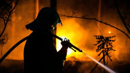 Ein Feuerwehrmann bekämpft mit einem Wasserstrahl einen Waldbrand. (Symbolbild)