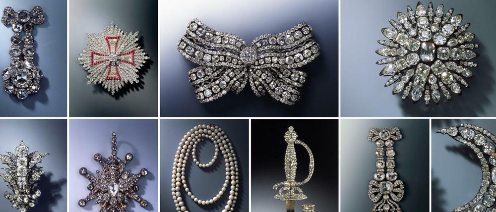 Von der Polizei herausgegebene Aufnahmen zeigen in Dresden gestohlene Juwelen.