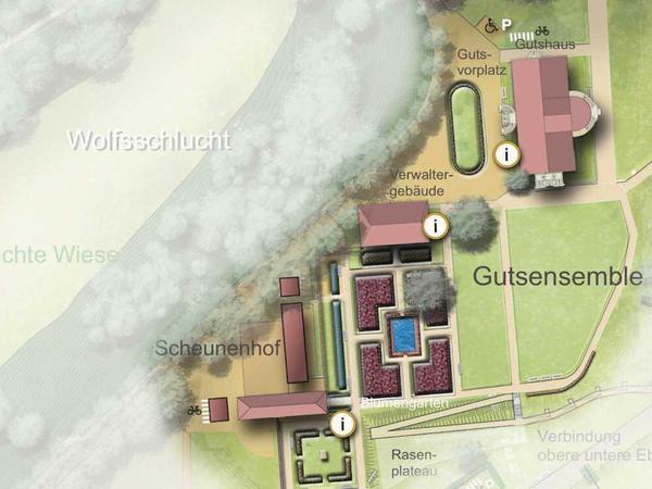 Hier eine Aufteilung der Gebäude mit Rosengarten und Teich. Im Haupthaus könnte ein Museum einziehen.