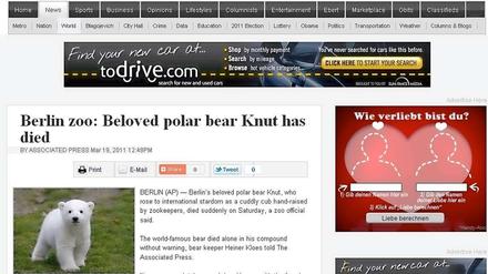 Ganz in weiß: "Der geliebte Eisbär Knut ist gestorben", meldet die Chicago Sun Times auf ihrer Homepage.