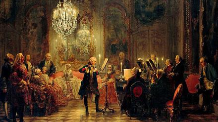 Majestät musiziert. Auch Casanova berichtet von den Flötenkonzerten Friedrichs II., die im kollektiven Gedächtnis vor allem durch das berühmte Gemälde Adolph Menzels verankert sind. 