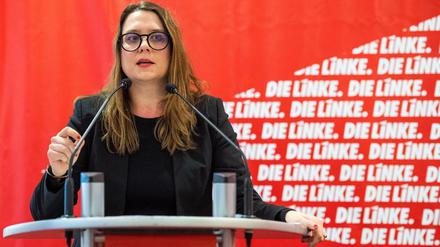 Anja Mayer, Landesvorsitzende, beim Landesparteitag der Linken in Brandenburg.