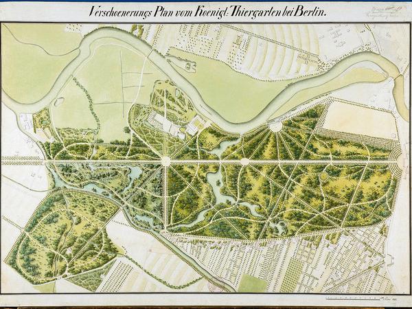 Verschönerungsplan. So nennt Lenné seinen Entwurf für den Tiergarten von 1832, auf dem er Knobelsdorffs schnurgerade Große Siegesallee mit mäandernden Wegen umlagert.